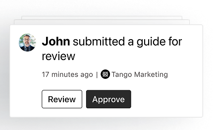 A guide submitted for compliance review, with Review and Approve buttons