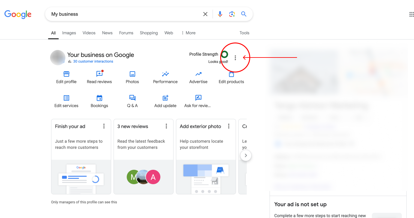 Google search results for My Business with the three-dot menu circled