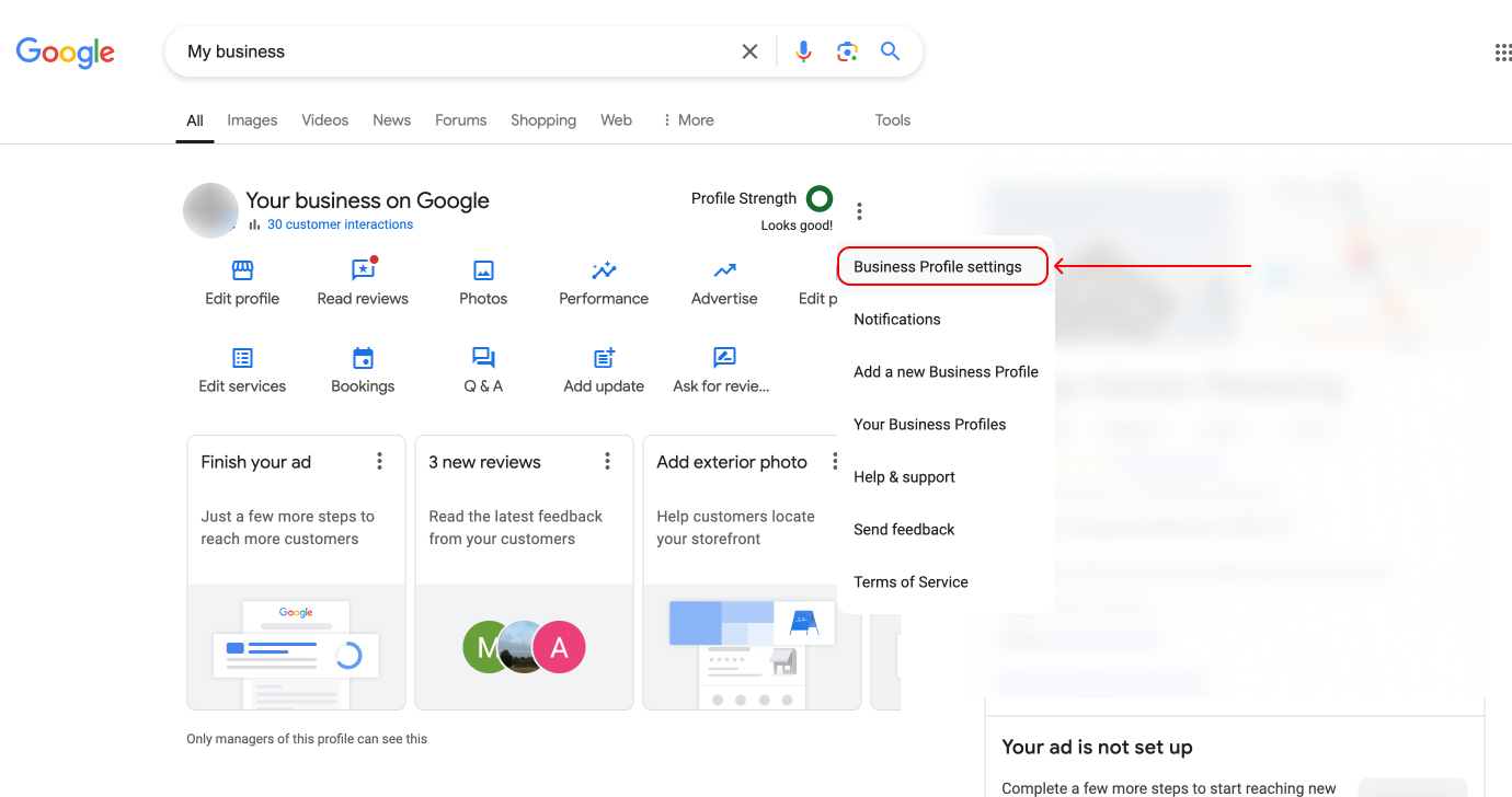 The Business Profile menu with Business Profile settings highlighted