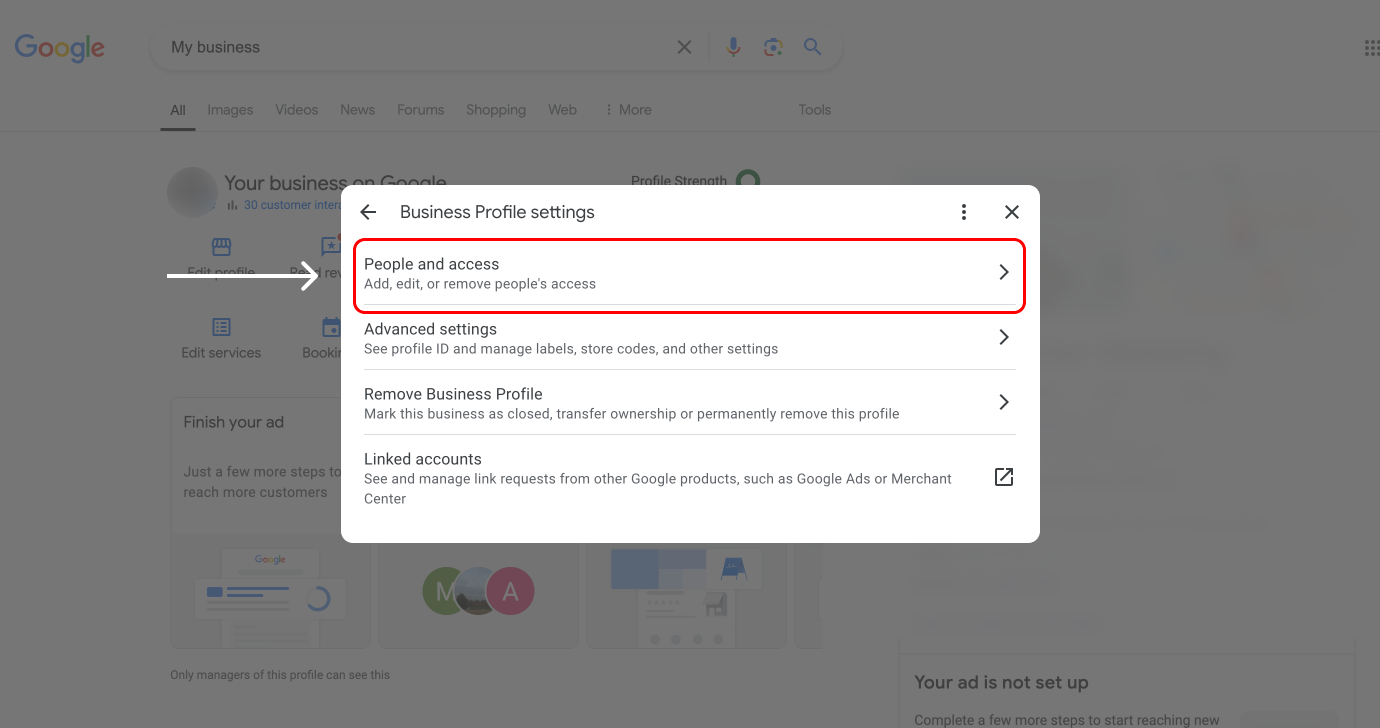Business Profile settings with People and access highlighted