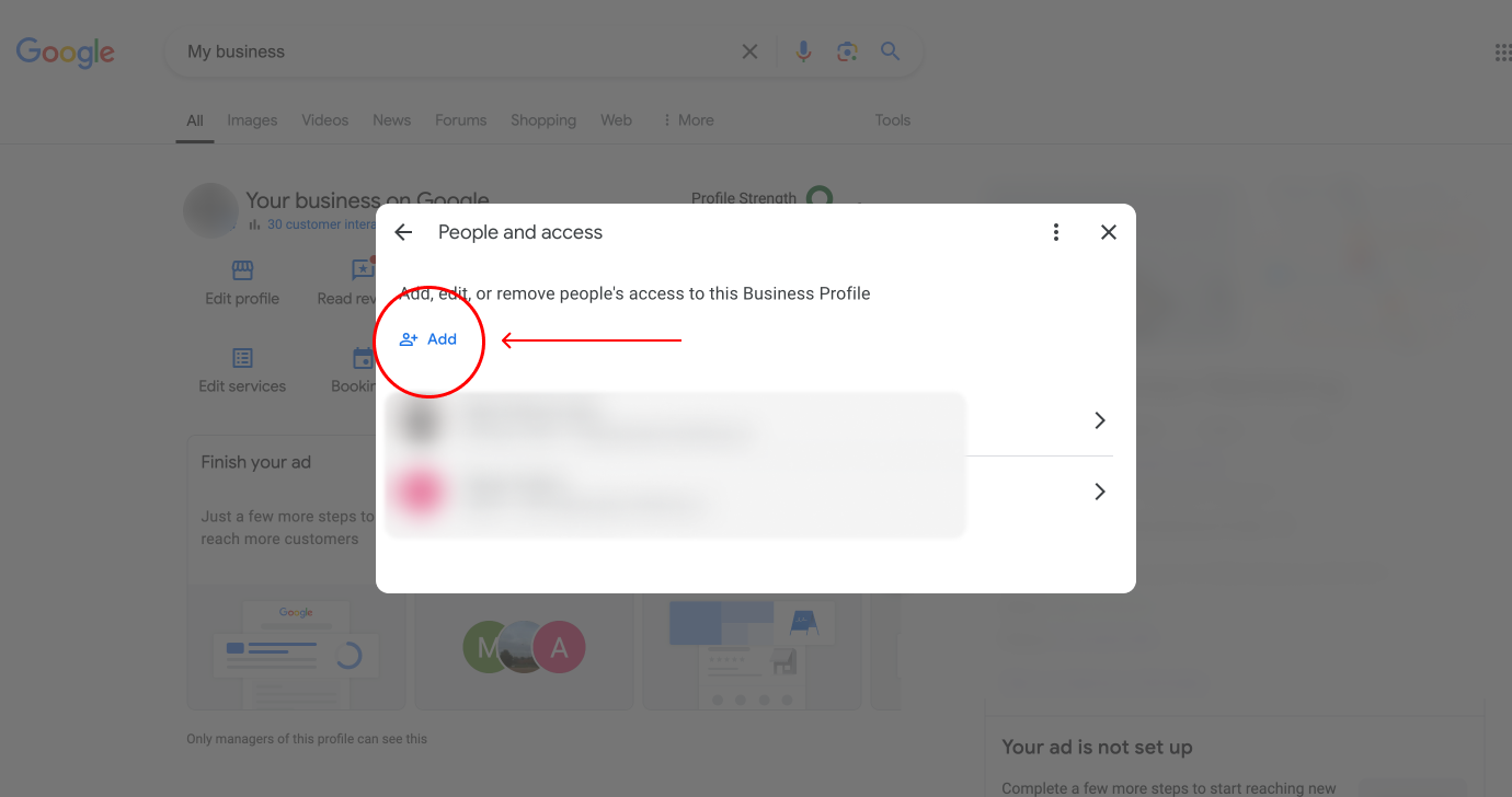 The People and access screen with the Add button highlighted
