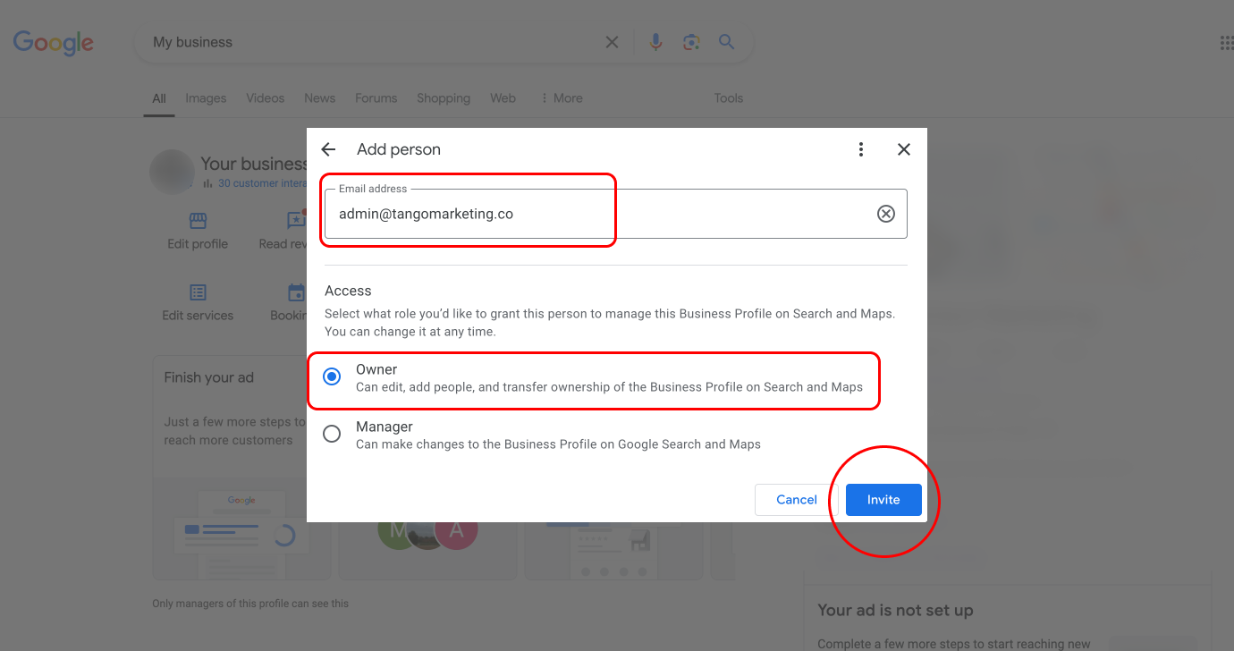 The invite form with the email address, the Manager role and the Invite button