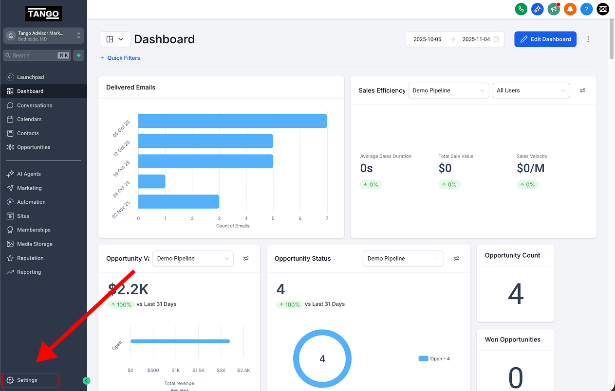 The dashboard sidebar with Settings highlighted
