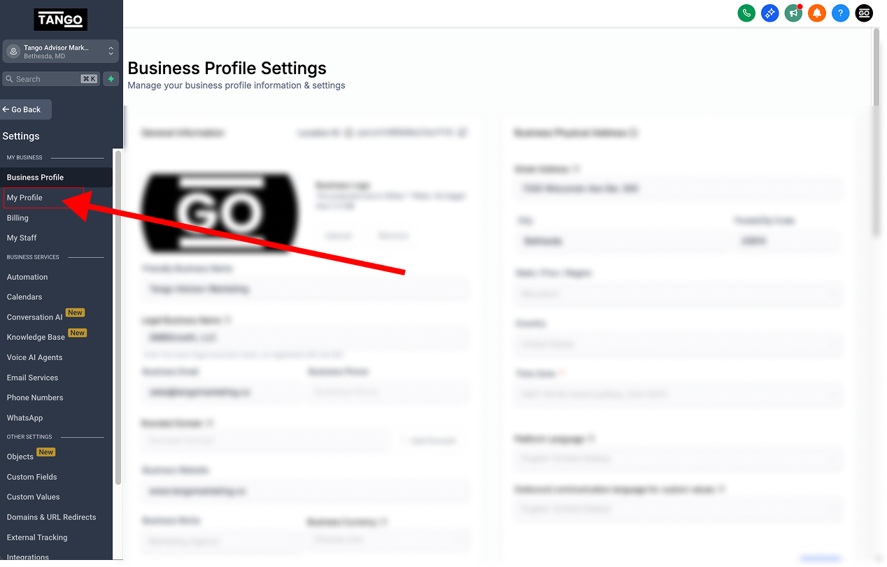 The Settings page with My Profile highlighted