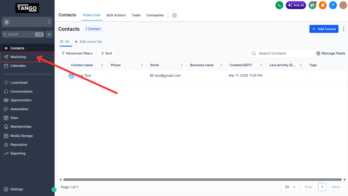 The dashboard sidebar with Marketing highlighted