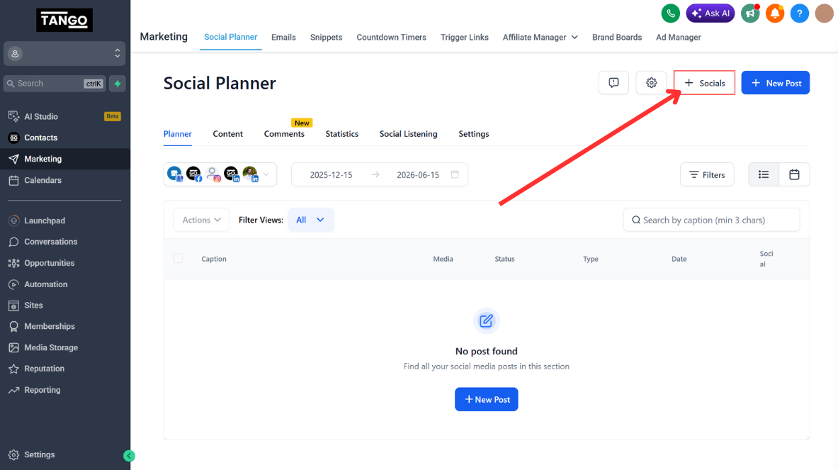 The social planner with the Add socials box highlighted